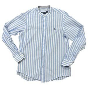 Harmont & Blaine Mens Band Collar Blue Striped Shirt Regular Fit Small linen